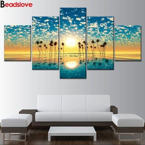 5 pcs 5D DIY Diamond Painting Landscape Sky Fantastic Sunset Palm Trees Reflection Full Square Round Drill Mosaic Rhinestone