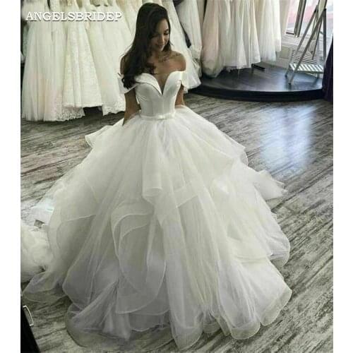 Angelsbridep V-neck Ball Gown Wedding Dresses Off Shoulder Sleeves Tulle Bohemian Robe De Mariee Ruffle Bride Dresses Plus Size