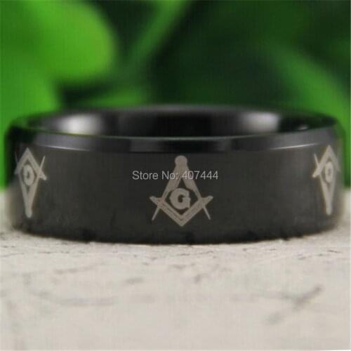 Free Shipping YGK JEWELRY Hot Sales 8MM Black Beveled Masonic Freemason Mens Comfort Fit Tungsten Wedding Ring
