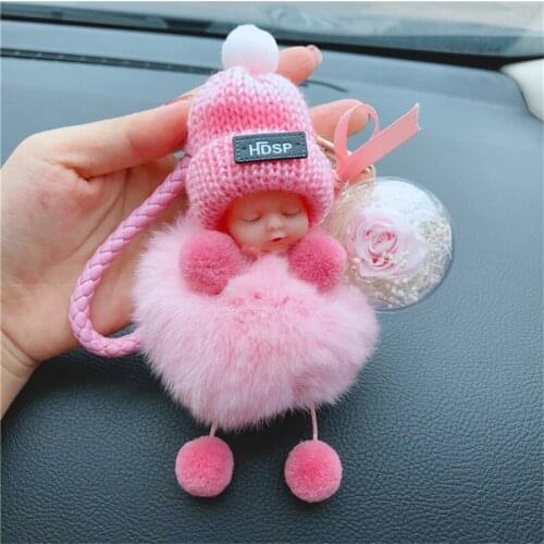 Cute Sleeping Doll Fluffy Pompom Fur Keychain Creative Eternal Natural Preserve Flower Key Chain Bag Pendant Car Keyring Gift