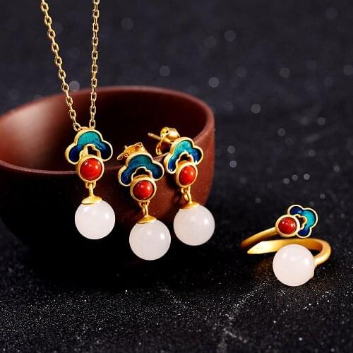 Brand vintage Finger Ring Fine Earrings Hetian Jade Pendant Necklace Jewelry Sets For Women Cloud Design Necklaces Earings Set