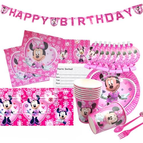 Disney Minnie Party Decorations for Kids Disposable Tableware Mouse Set Paper Napkins Straws Plate Cup Minnie Party Supplies Set