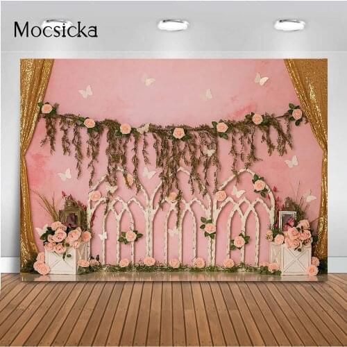 Spring floral butterfly pink girl birthday cake smash background for photography studio newborn kids portrait pink rose flowers
