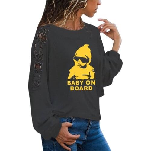 BABY ON BOARD Cool Print Girl Harajuku T Shirt Funny Teeshirt Women Clothing Casual Long Sleeve Large Size Loose Lace Tops