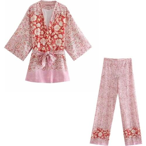 ZA Women high-waist elastic waistband wide-leg printed linen blend trousers or Woman Casual Loose with belt printed kimono 2021