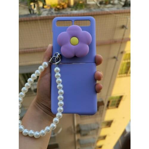 Creativity DIY Small Fresh Korean Flower Bracket Case For Samsung Z Flip Pearl Bracelet Chain Frosted PC Hard Cover
