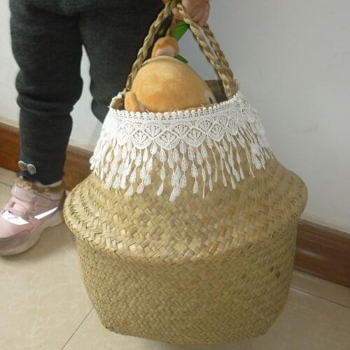 Fashion Lace feather tassel seagrass Storage Basket Straw Basket Wicker Basket Storage Bag White Garden Planter Flower Pot