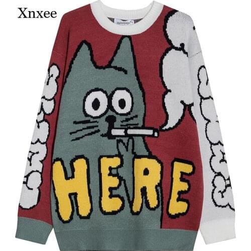 Men O Nec Pullover Sweaters Cartoon Funny Cat Print Men Soft Slim Casual Sweater High Street Fashion Autumn Streetwear Clothing