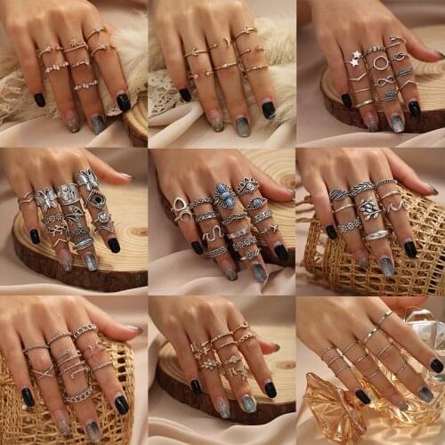 Vintage Silver Color Butterfly Rings Set For Women Bohemian Leaves Star Moon Statement Rings Trendy 2020 Jewelry Gifts