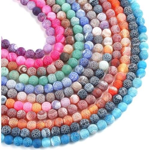 Natural Stone Beads Matte Frost Cracked Dream Fire Dragon Veins Agates Round Beads for Jewelry Making DIY Bracelet 15'' Perles
