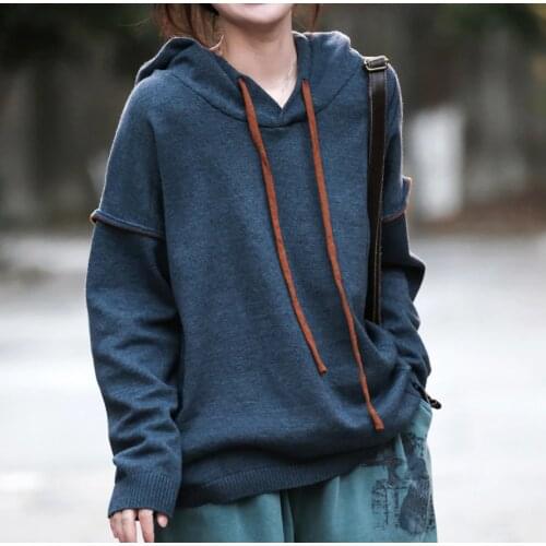 2021 Spring New Sweater Women Retro Loose Casual Tops Women Hooded Drawstring All-match Pullovers Vintage Sweater Tops