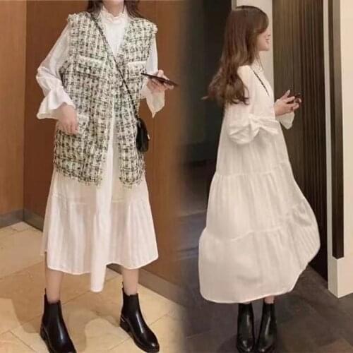 New Spring Autumn Fashion Elegant Loose Straight Dress Women Patchwork Solid Color Dresses Long Sleeve White Dresses Slim
