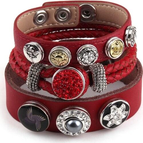 New Arrival Fashion 3pc/set Metal Button Red Leather Bracelets For Women Leather Wrap Bracelet