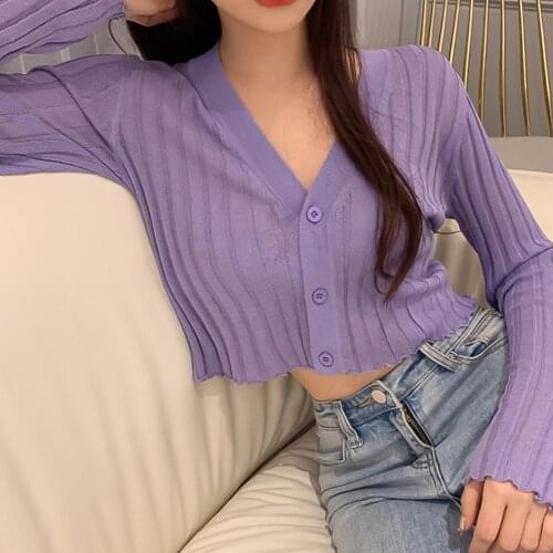 Autumn Women Long Sleeve V Neck Cardigan Cropped Blouse Buttons Slim Knitwear