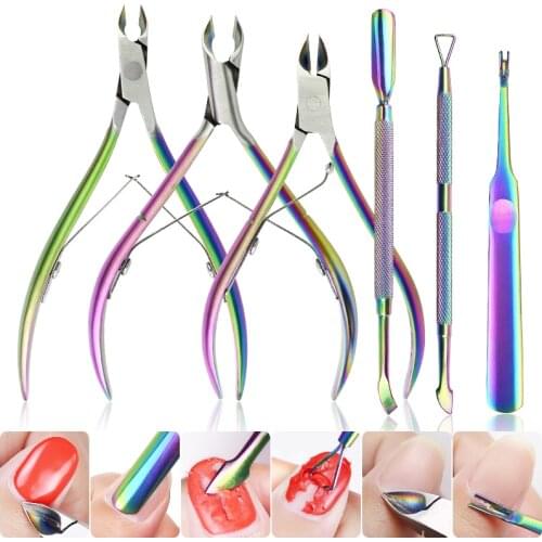 6 Style Rainbow Stainless Steel Nail Cuticle Pusher Tweezer Dead Skin Fork UV Gel Polish Remove Manicure Care Groove Clean Tool