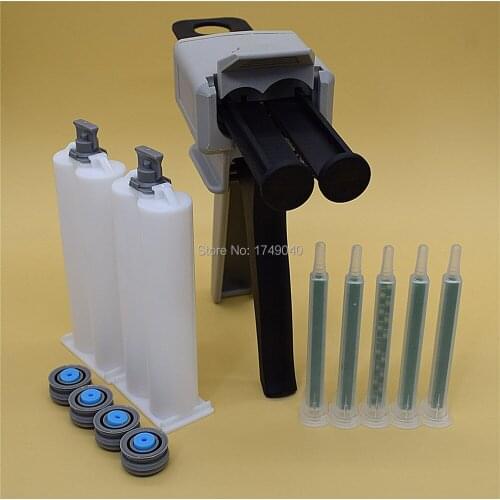 Caulking Gun AB Glue Dispenser 50ml 1:1 Glue Gun with 2 sets 50ml 1:1 Empty Dual-Barrel Cartridge 5pc Static Mixing Nozzle Tube