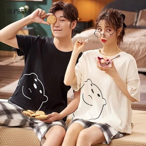 SLPBELY Couple Pajamas Set Homesuit Summer Short Sleeve Lover Pijama Mujer Homewear Sweet Cartoon Couple Pyjamas Nightwear 2021