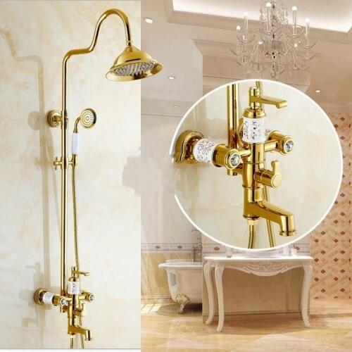 Luxury Gold Ceramic Crystal Retro Brass Bathroom Shower Faucet Set Wall Mounted Double Handle Rainfall Shower Mixer Faucets