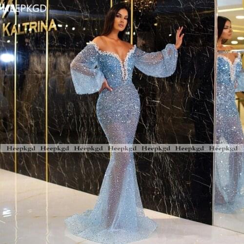 Sexy Blue Evening Dress Long Flared Sleeves Off The Shoulder Shiny Crystal Prom Gown Sexy See Through Mermaid Arabic Party Dress