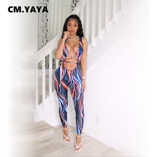 CM.YAYA Tie Dye Galaxy Criss Cross Open Sexy Womens Jumpsuit for Club Night Party Beach Bodycon Romper Overalls Summer 2021
