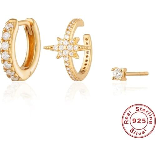 AIDE 3PCS 925 Sterling Silver Stud Earrings Star Zircon Loop Huggie Earring For Women Jewelry Pendientes Brincos Joyero Gifts CZ
