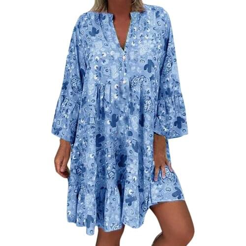 Chic Dresses Womens Long Sleeve Floral Dress 2021 Fashion Ladies Loose Print Three Quarter Sleeve Mini Dress Loose Summer Dress