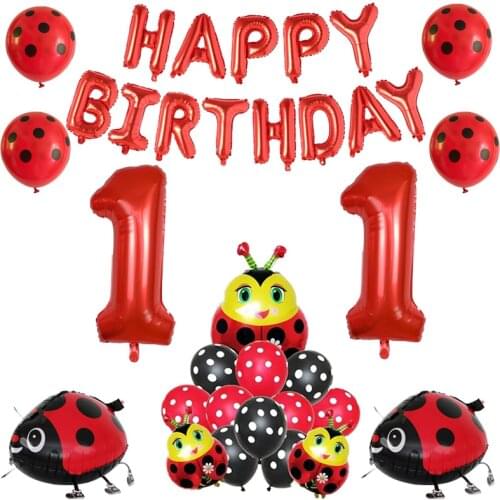 Ladybug Birthday Decoration Ladybird Balloon Lady Bug Ballon Red Black Polka Dot Latex Golobs Foil HBD Letter Flag