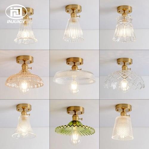 Vintage Industrial Brass Glass Single Head Ceiling Lights Clear Glass Crystal Carved Retro Ceiling Lamp For Bedroom Aisle