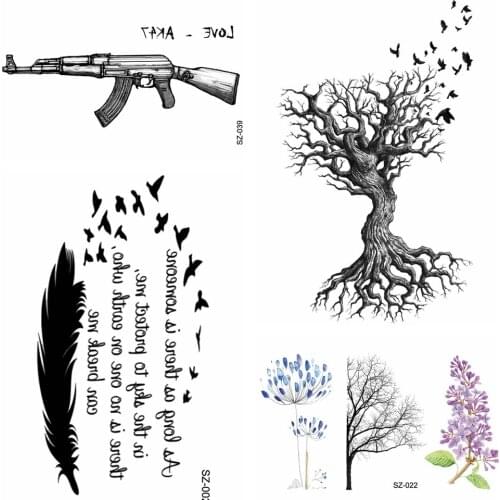 Body Art Painting Sketch AKM AK47 Temporary Tattoo Stickers Men Gun Fake Tatoo Tree Feather Birds Women Arm Waterproof Tattoo