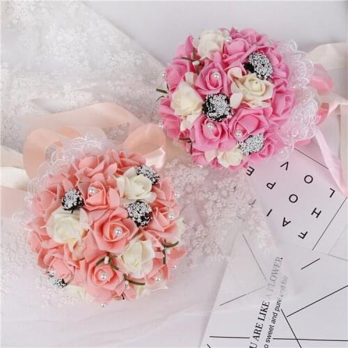 High quality 20cm PE Rose Bridesmaid Wedding Foam flowers Rose Bridal bouquet Ribbon Fake Wedding bouquet de noiva 5 Color