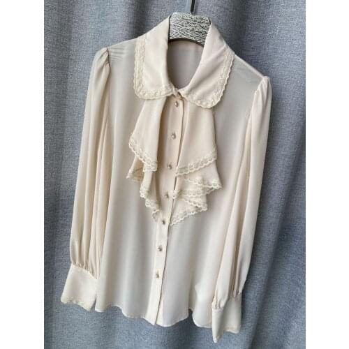 Women 2021 fashion new long-sleeved sexy casual lace silk shirt 0325