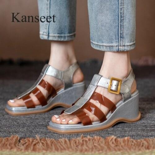 Kanseet Wedges Open-Toed Platform Mixed Colors Womens Sandals Summer 2021 Patent Leather Handmade High Heels Silver Women Shoes