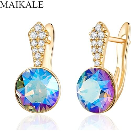 MAIKALE Luxury Colorful Austrian Crystal Stud Earrings for Women Round Zirconia Gem Stone Rainbow CZ Earring Party Jewelry Gifts