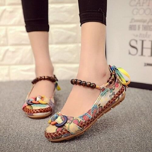 2021 spring new all-match face cloth single shoes women ethnic style beaded flat casual large size comfortable home shoes
