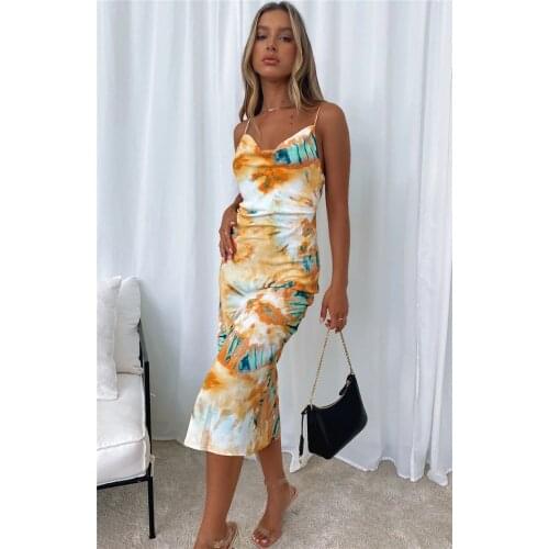 Women Summer Sleeveless Flower Printed Dress Fashion Ladies Slim Fit V-neck Spaghetti Strap Back Slit Long Dress