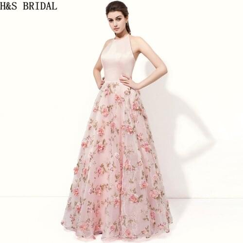 H&S Bridal A-line Pink formal evening gowns dresses Backless Printed Fabric With 3D flowers evening dresses long 2017