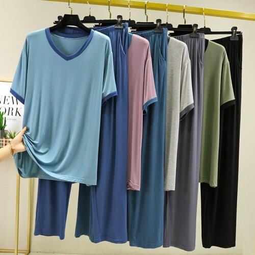 4XL-6XL Womens Sleepwear Short Sleeve Trousers Two Piece Set V Neck Summer Home Clothes Loose Modal Nightwear Pijamas Suit