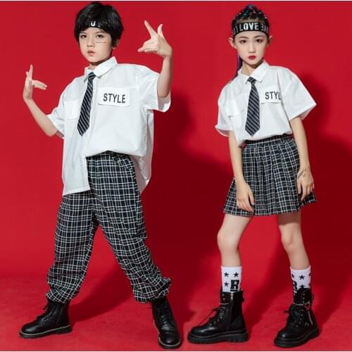 Kids Performance Hip Hop Clothing Tshirt Tops With Tie JK Uniforms Skirt Streetwear For Girls Boys Dance Costume Clothes Set