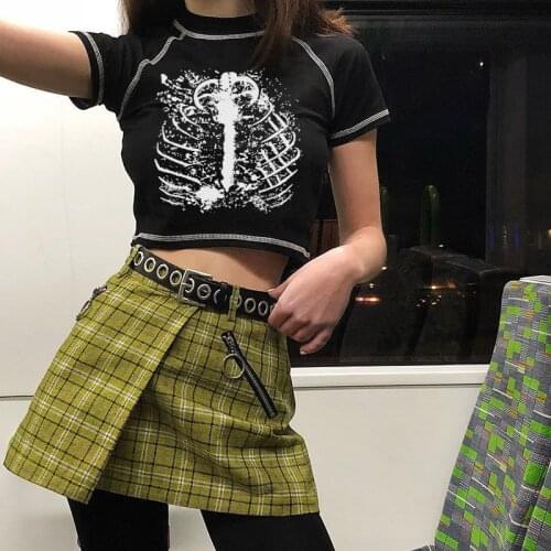 Aesthetic Skeleton Grunge Graphic Women T-shirts Harajuku Y2K Crop Tops 90s Slim Skull Print Art Vintage Black Punk Goth Clothes