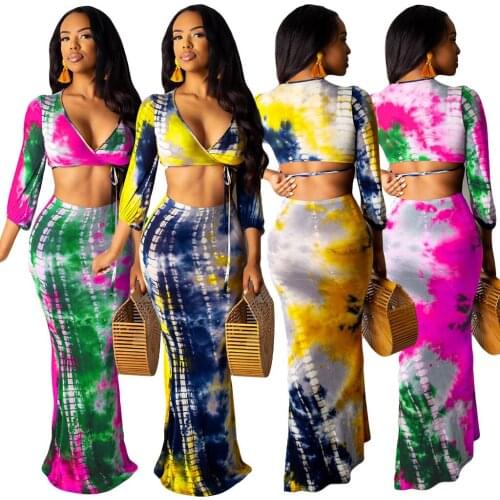 2021 Hot Style Autumn Tie Dye Tube Top Sexy Skirt Two Piece Suit
