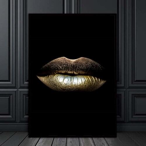 Nordic Sexy Gold Lips Black Background Canvas Painting Scandinavian Cuadros African Wall Art Pictures for Living Room Home Decor