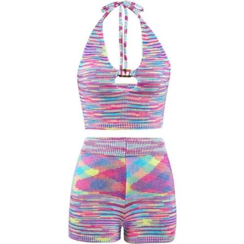 Two Piece Shorts Set Women Tie dye Summer Sleeveless Outfit V-neck Halter Sexy Backless Shorts Sets Beach Wear