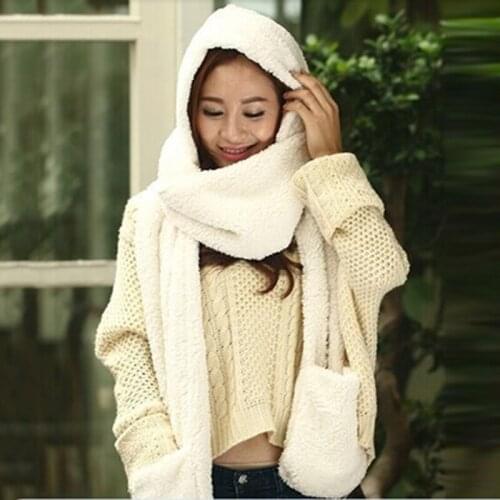 3 In 1 Women Winter Warm Soft Windproof Hood Scarf Snood Pocket Hats Gloves Fashion Riding Srarves Scarf Hat Glove 3 Piece Sets
