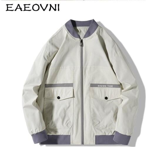 EAEOVNI New Mens Cargo Jacket Fashion Casual Baseball Jacket Mens Stand Collar Bomber Jacket Japanese Outerwear Jackets Coats