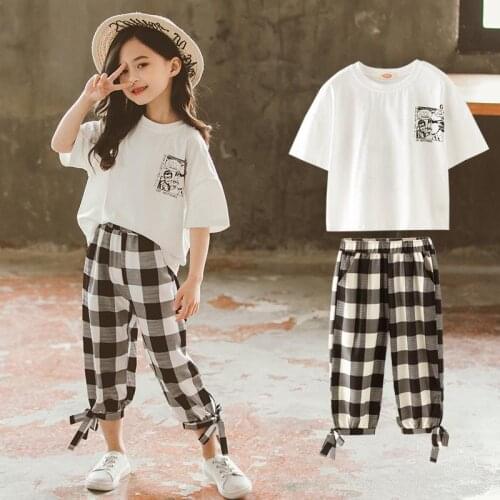 Summer Clothing for Girls Short Sleeve T-shirt Plaid Pants 2pc Set Baby Girl Boutique Outfits Kids Clothes Suits Pink White7 9