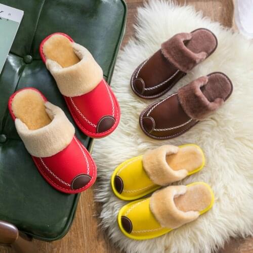 Mens and Womens Leather Slippers Home Warm Cotton Slippers Couple Winter Indoor Woollen Floor Non-slip Thick House Slippers