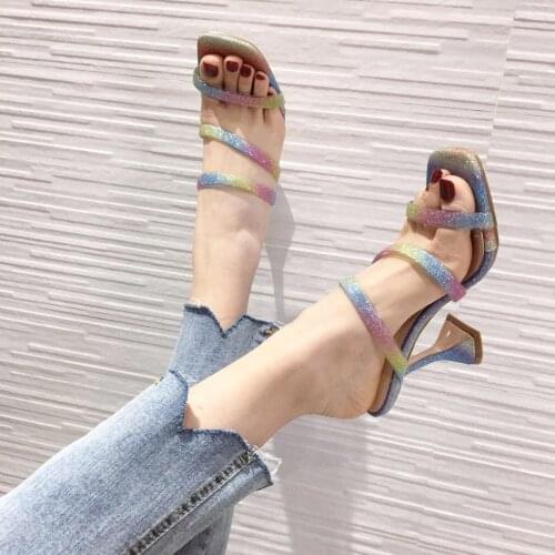 New trendy neon color PVC jelly sandals fashion square toe bling cross-strap crystal perspex heel wedding shoes women
