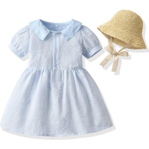 Sister And Brother Clothes Princess Bubble Short-Sleeved Cotton Sunshade Lace Straw Hat Waist-Knee Flower Garden Party Dress