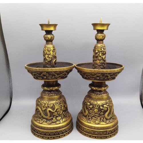 Antique Art Collection Crafts,1 Pair Chinese Old Pure Copper Handmade Big Dragon Candlestick ,Home Metal Candle Holders