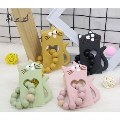 Silicone Teether Rattle Baby Teething Toys Cat Teether Silicone Beads 15mm Tiny Rod Baby Crib Rattle Baby Pacifier Clips Teether